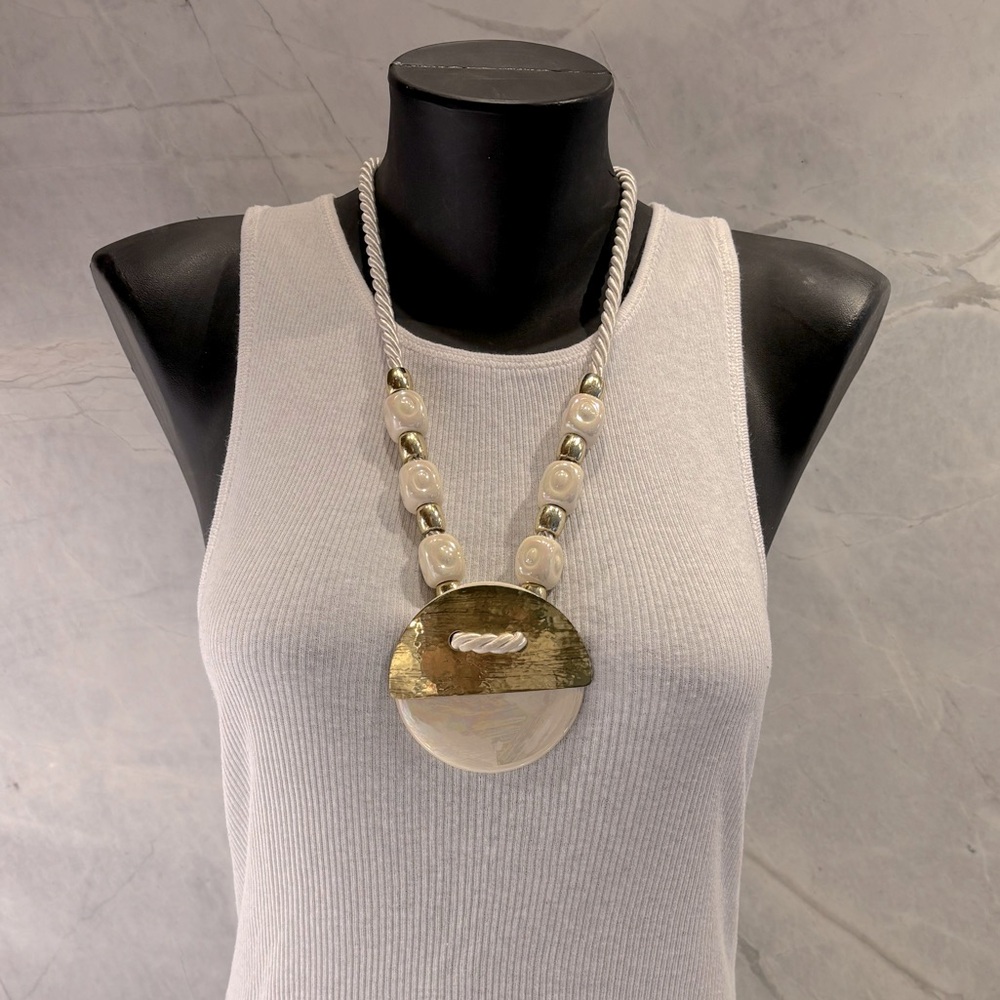 Vintage costume jewelry necklace with brass and iridescent ceramic beads rope